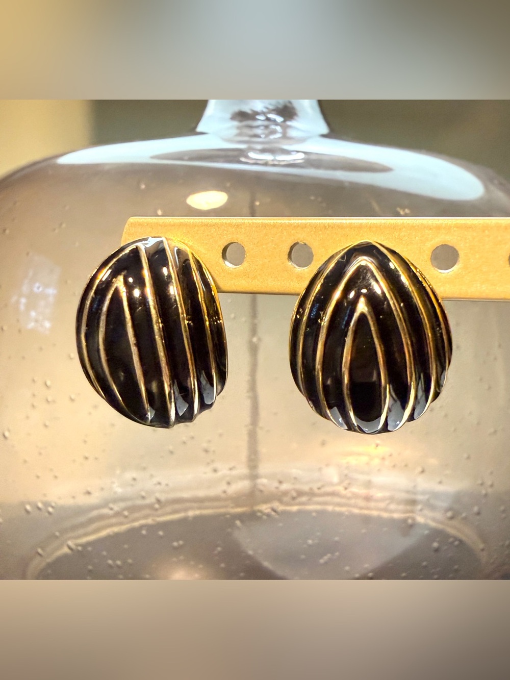 Rare Vintage Black & Gold Tone Almond Earrings
